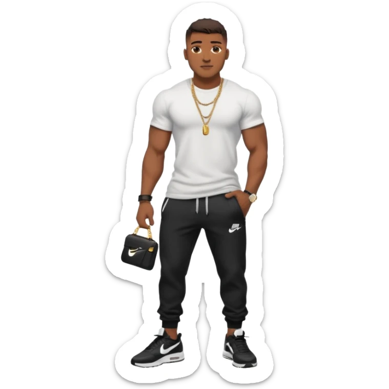 Handsome Black guy with brown skin tone, with muscular build, wearing black sweatpants, a white t-shirt, black Nike air max, a small chain, and a watch  sticker