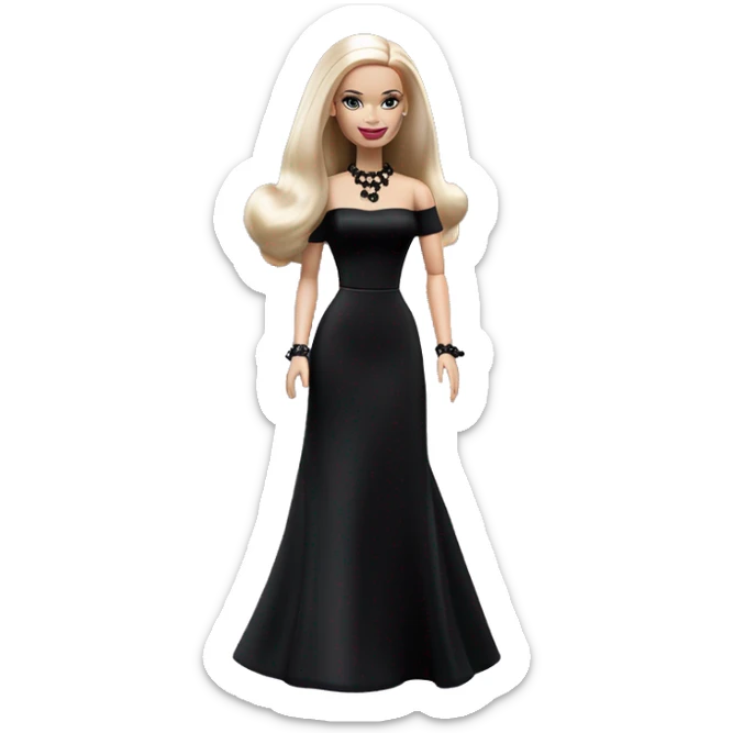  Elegant witch Wednesday Addams Barbie.  Small light skin face. Earrings with matching necklaces Long silky hair. black flowing strapless tight evening gown neckline that’s off-the-shoulders shows her legs and black high heel shoes. sticker