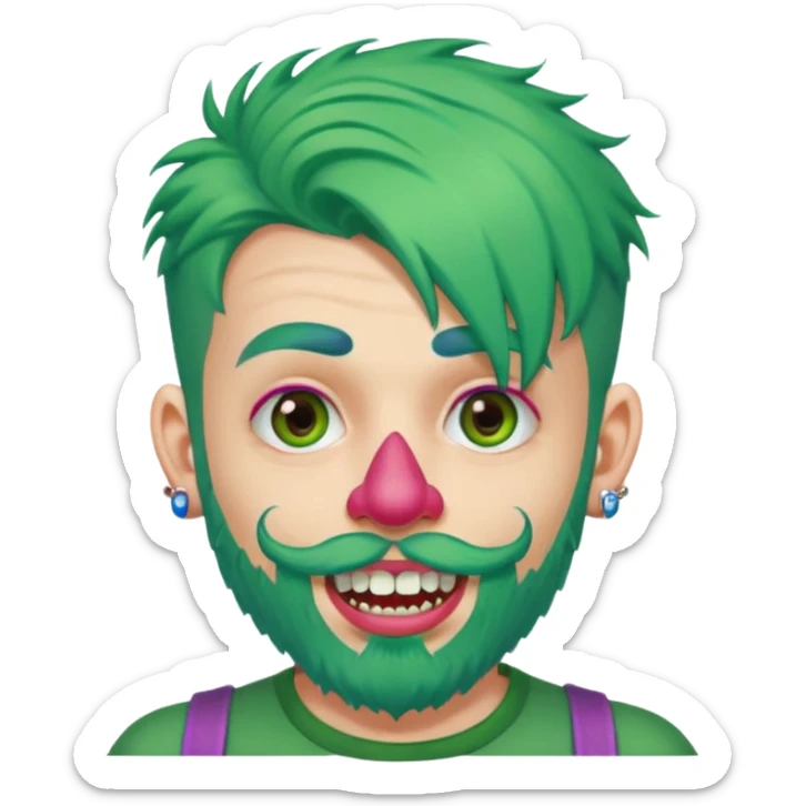 very colorful puffy green haired man just beard  no mustache made out of candy wearing teeth-braces and excessive face tattoos just face  sticker