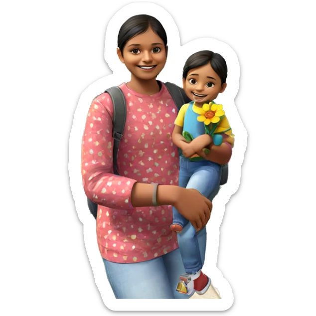 child carrying flower with smile sticker