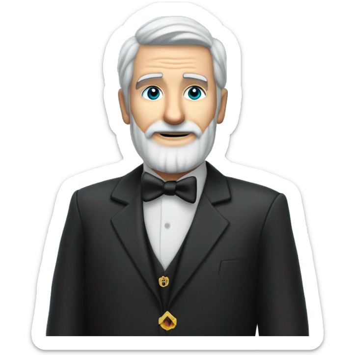 60 year old Caucasian male with grey hair and a grey gotee beard wearing a black dinner suit that has a badge on the left side of the jacket with a Freemason square and compass on it. Make the background a sky blue. sticker