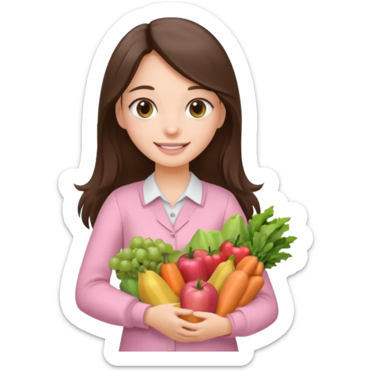 pretty smiling long brunette hair girl hazel eyes wearing light pink clothes holding groceries sticker