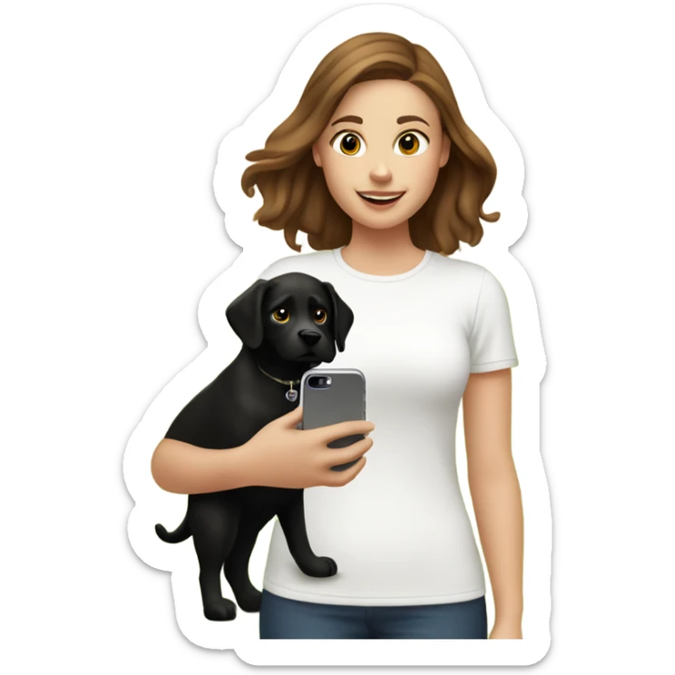 23 year old white girl with brown hair in the park with her black dog while showing dog content in her iPhone sticker