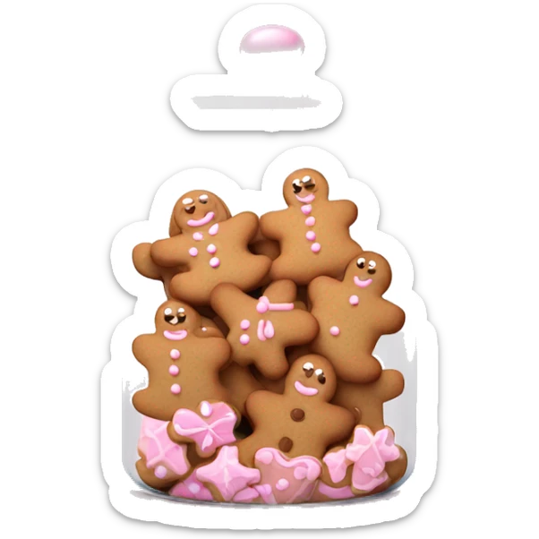 Realistic glass cookie jar with light pink lid full of gingerbread cookies isolated.  sticker