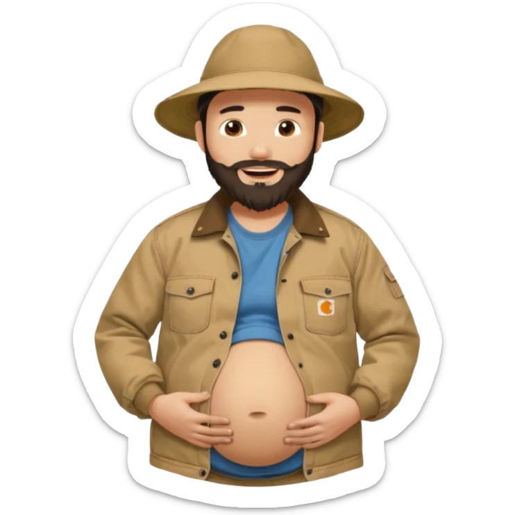Bearded man rubbing pregnant belly poking out of shirt wearing a tan canvas carhartt jacket with a stereotypical large chinese hat on and buck teeth sticker