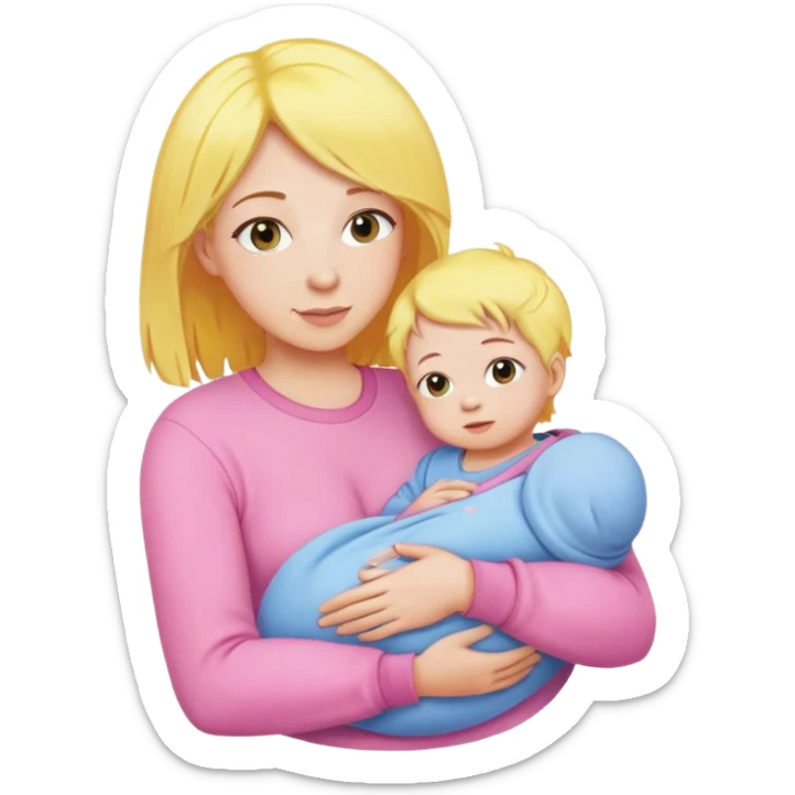 Mother with yellow hair and pink clothes, holding baby in blue clothes sticker