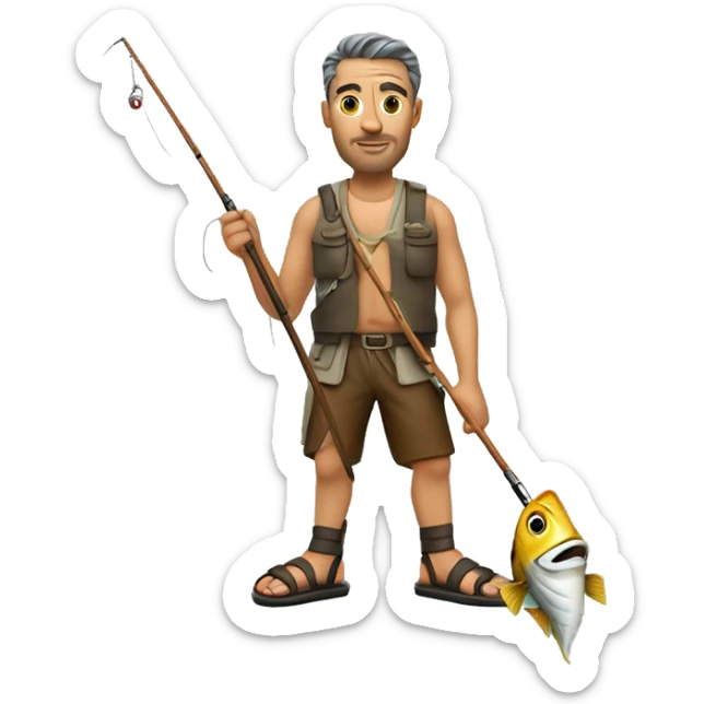 real cool stoic looking man holding a fishing rod in his hand wearing custom made leather sandals on his feet sticker