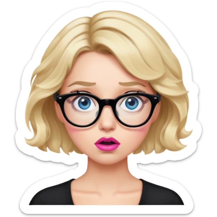 Blonde woman with short wavy hair, blue eyes and pink lips wearing black glasses looking very shocked sticker