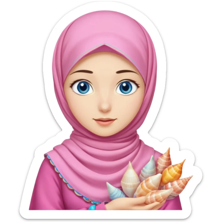 Turkish beautiful finish Konya girl blue eyes with pink yellow Lila summer hijab islamic dress and had on her hijab long tailed dresses shells sticker