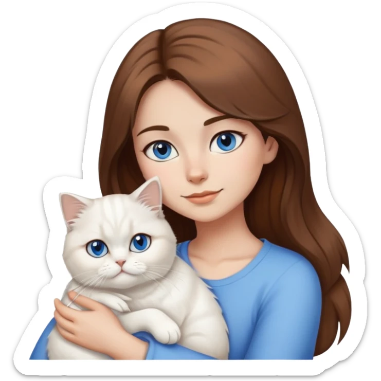 girl with brown hair & brown eyes cuddling a white persian cat that has blue eyes in ios 18 emoji format sticker