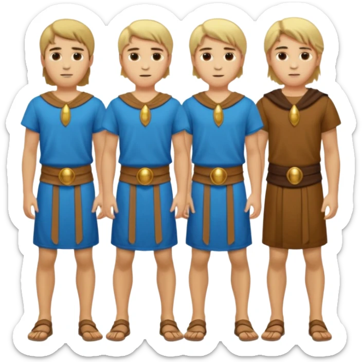 Cartagineses: un grupo de hombres jóvenes, pelo largo rubio y castaño, ropa buena, cara de niños de alrededor de unos 20/25 años.
cuerpo entero, de la época púnica sticker
