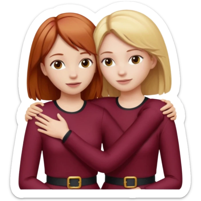 two girls who hug eachother. one has auburn hair with blonde highlights and very pale skin and is wearing white outfit, other has medium-fair skin and blonde hair and is wearing a burgundy outfit sticker
