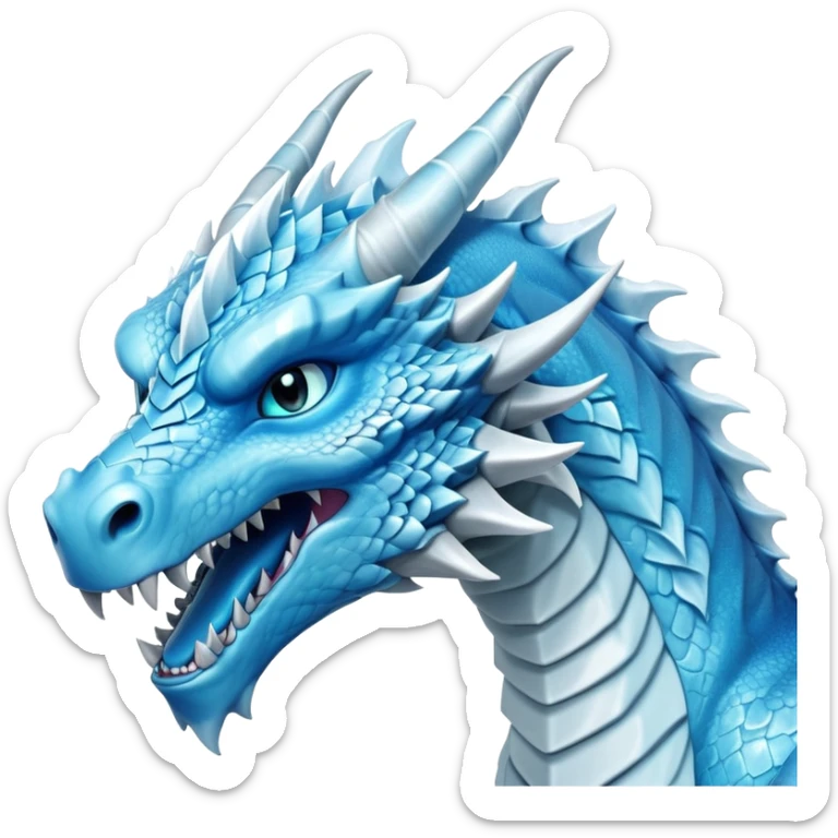 Cinematic Noble Fierce Ice Dragon Portrait Emoji, Poised and imposing, with a muscular, long elegant snout, scaled body shimmering in glacial hues of icy blue, frostbitten silver, and crystalline white, breathing out frost, with piercing, glowing eyes that radiate the chilling depths of an arctic storm; rendered in detail. sticker