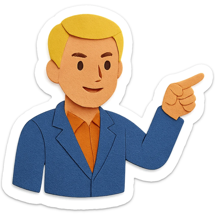 Confident male leader, Caucasian, short neat blonde hair, sharp eyes, indigo jacket, one arm raised gicing direction, waist-up, front-facing sticker