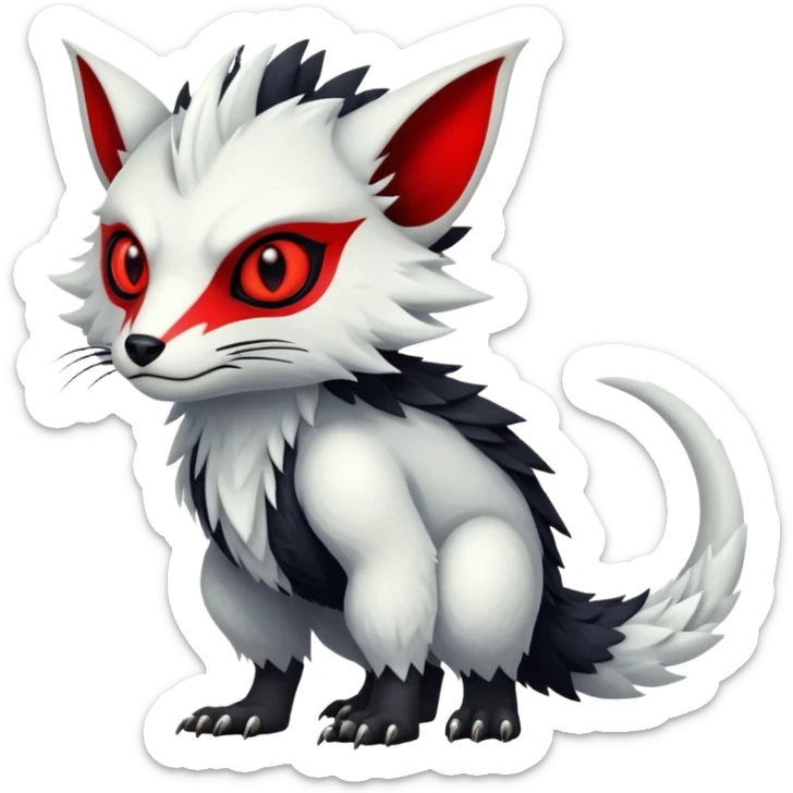 a white exotic edgy vernid-fionbr-Fakémon-creature, with black belly and red eyes, full body sticker