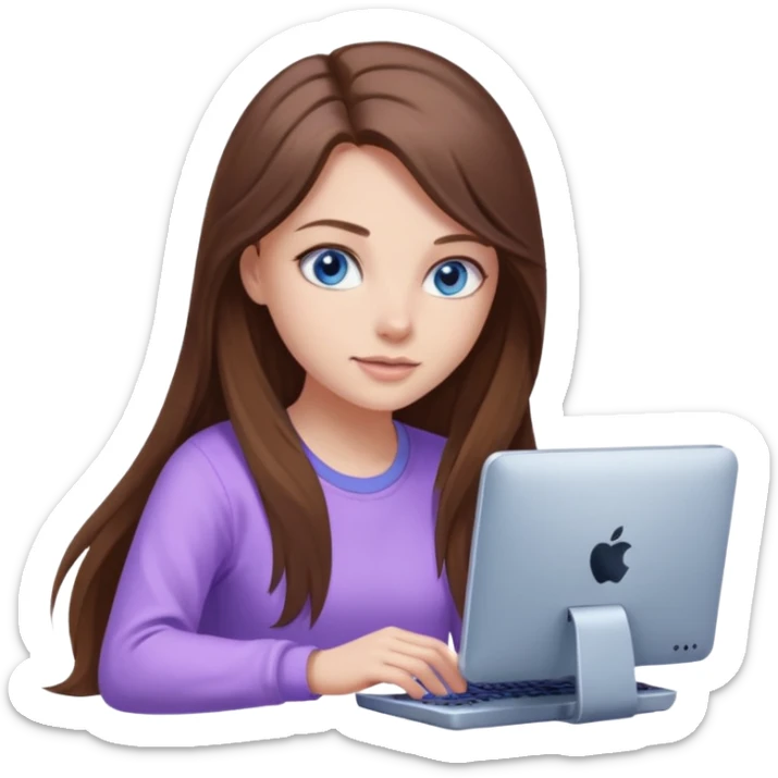beautiful girl with long brown hair, blue eyes and wearing light purple clothes playing pc games sticker