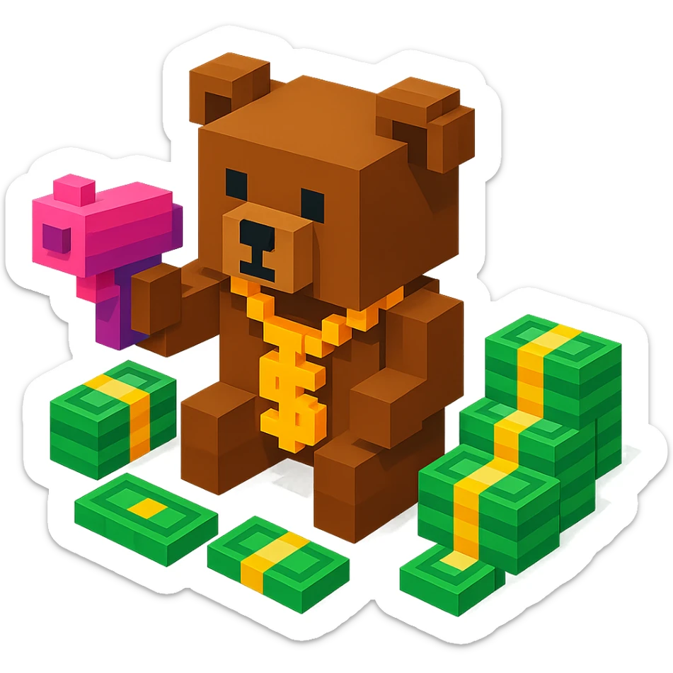 brown Russian grizzly bear with a rapper chain and a money gun, surrounded by stacks of money sticker