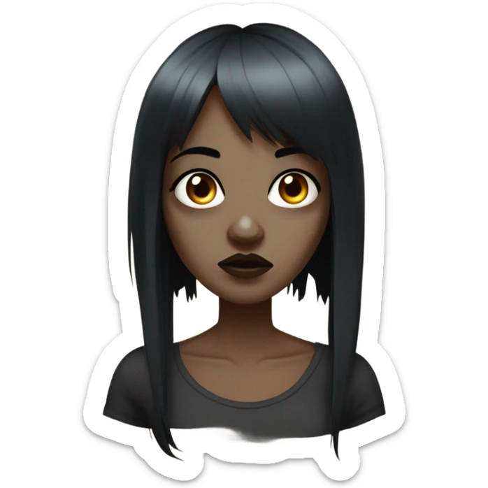 A zombie woman, black hair, bangs above the eyebrows, brown eyes, side labret piercing, double nostril piercing, and septum piercing. sticker
