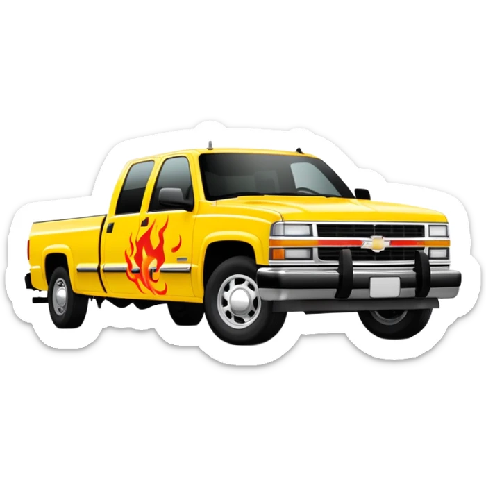 1997 yellow Chevy C-2500 Crew Cab with red flame design only painted on the front bumper, movie-accurate Kill Bill truck detail, 30-degree view, iOS emoji style sticker