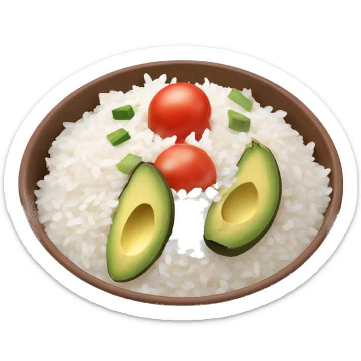 a big bowl with the same amount of white rice, tomatoes, green sliced paprika, sliced avocado and pink joghurt sticker