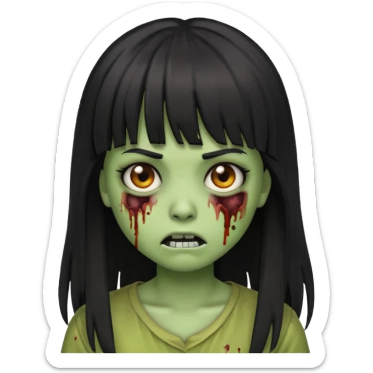 zombie girl emoji with black hair, bangs, long hair, and greenish skin sticker