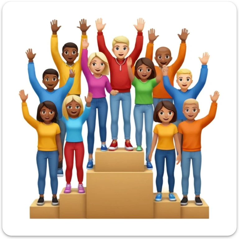 multi-racial people in colorful jeans, t-shirts, and hoodies on a brown winners’ podium with middle step higher, no numbers, one person high fiving, excited fun expressive emoji style sticker