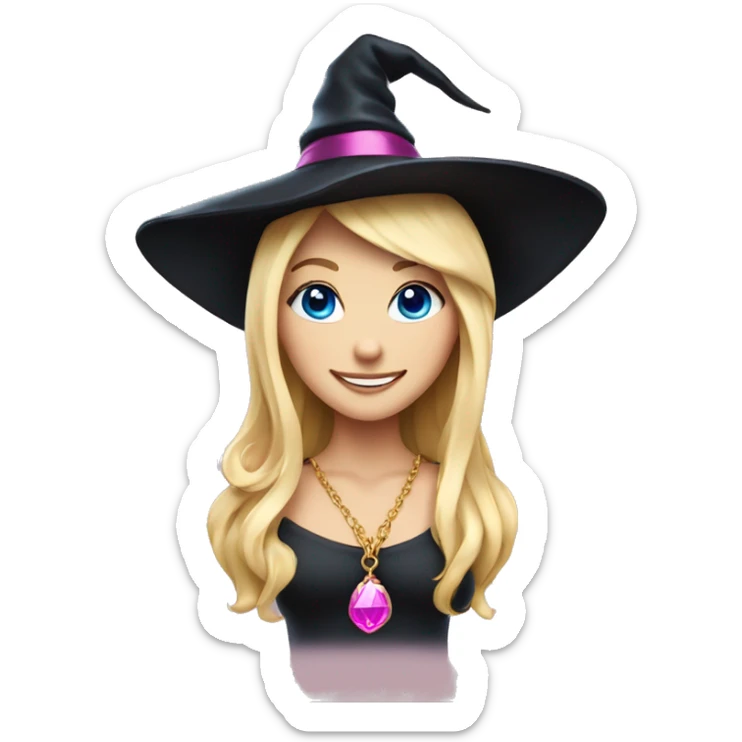 Blonde blue eyed witch smiling, wearing a gold necklace with pink pendant and a black and pink witch hat sticker