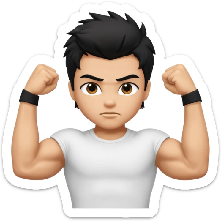 generate a pretty tan bratz boy with black messy hair flexing his biceps. wearing white tshirt sticker