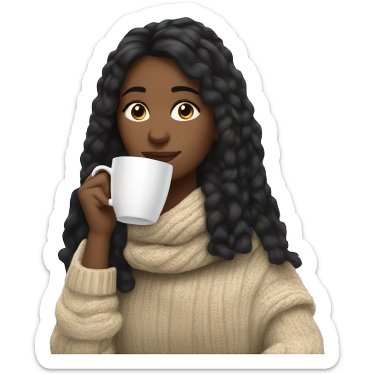 White girl black hair in a sweater and scarf sipping tea  sticker