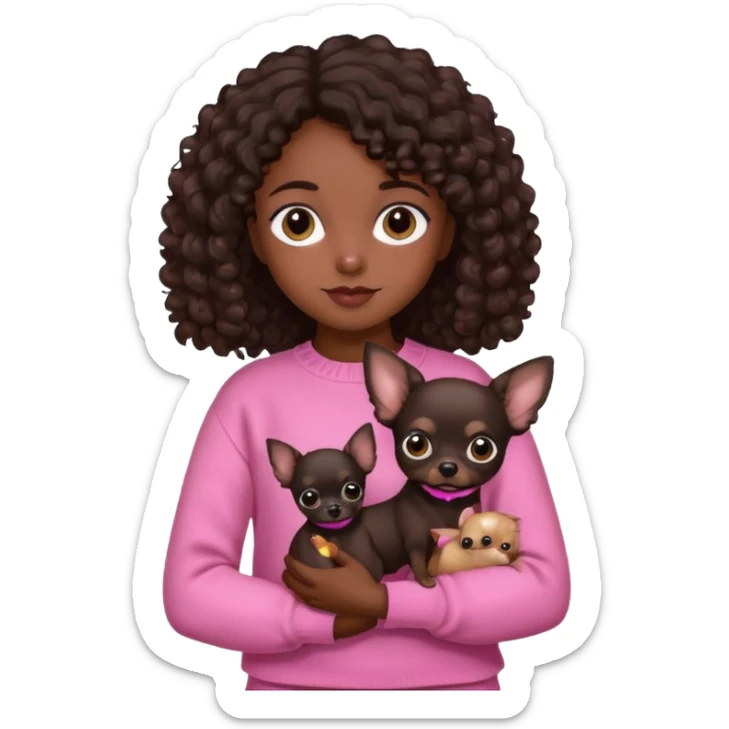 Girl with dark brown curly hair and brown eyes in a pink sweater holding a black chihuahua sticker