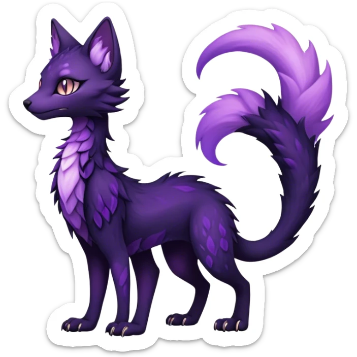 Kawaii dark purplish blackish edgy fantasy ethereal feline-vernid-sergal-fursona animal creature with a tufted tail full body with intricate markings  sticker