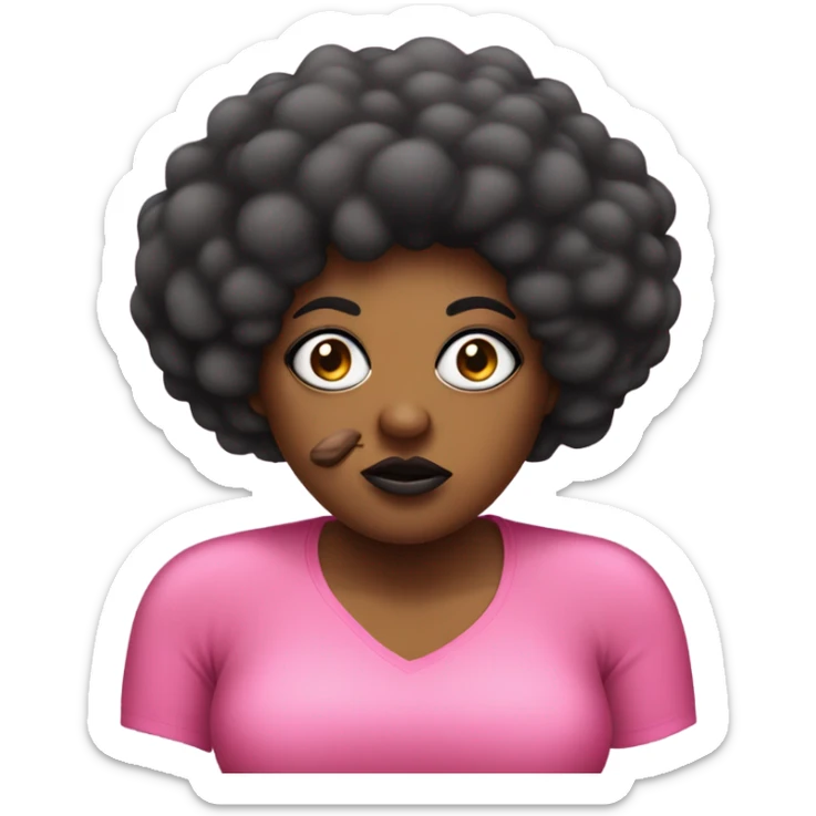 Mad fat black women with a pink shirt that has a big eye ball on her right eye with a long pointy nose with a black short Afro with big lips sticker