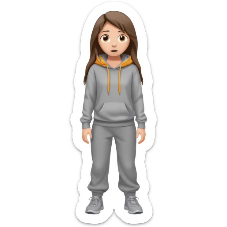 Chica grande  asustada de cuerpo completo mirado a la izquierda con pelo castaño largo y piel blanca  pantalones baggy  grises y hoodie gris  sticker