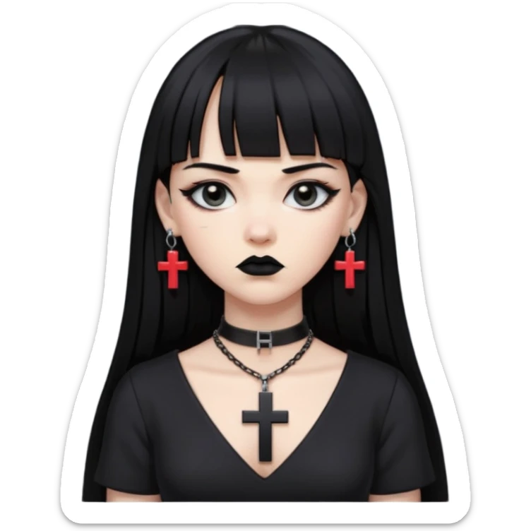 vampira parda com cabelo preto longo e liso e franja, olhos pretos, brincos em formato de cruz, choker em formato de cruz, roupa preta com decote, batom preto e séria sticker
