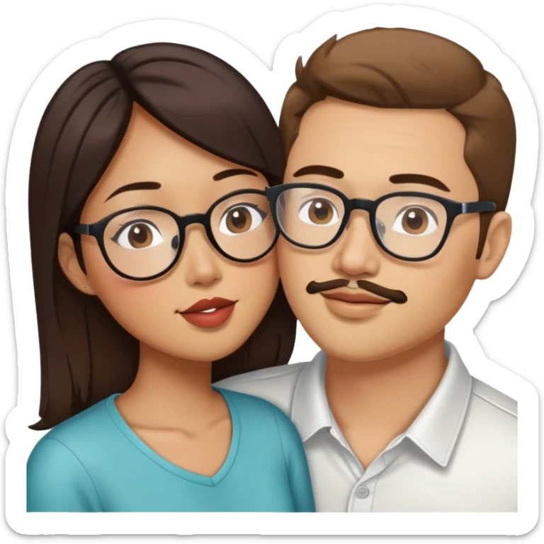 Asian American woman kissing a white guy with brown hair and the white guy has face stubble and glasses sticker