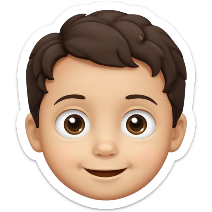 close-up of round smiling toddler boy face only with big eyes, medium skin tone, dark wavy hair, no neck visible, just the face sticker
