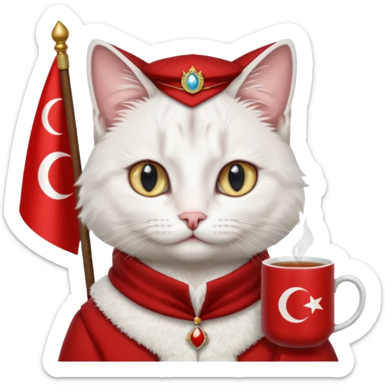 Arkasında Türk bayrağı olan  ve çay içen kafasına fes takan bir van kedisi sticker