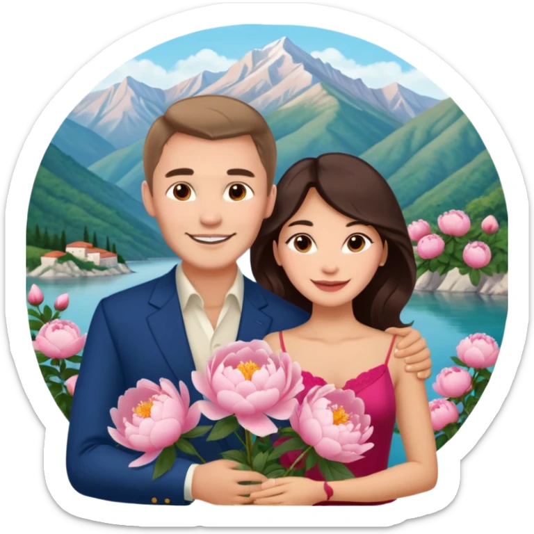 Couple traveling in Montenegro russian man and elegant  Latina girl delicate peonies and mountains in the background  sticker