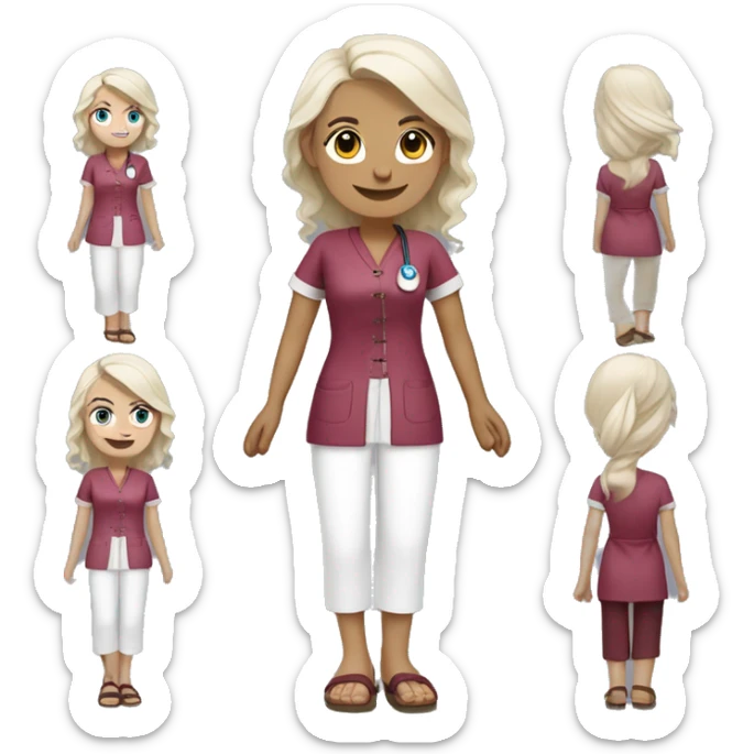 Nurse with tied platinum blonde hair, blue eyes, burgundy coloured tunic, white pants, pink closed Birkenstocks sticker