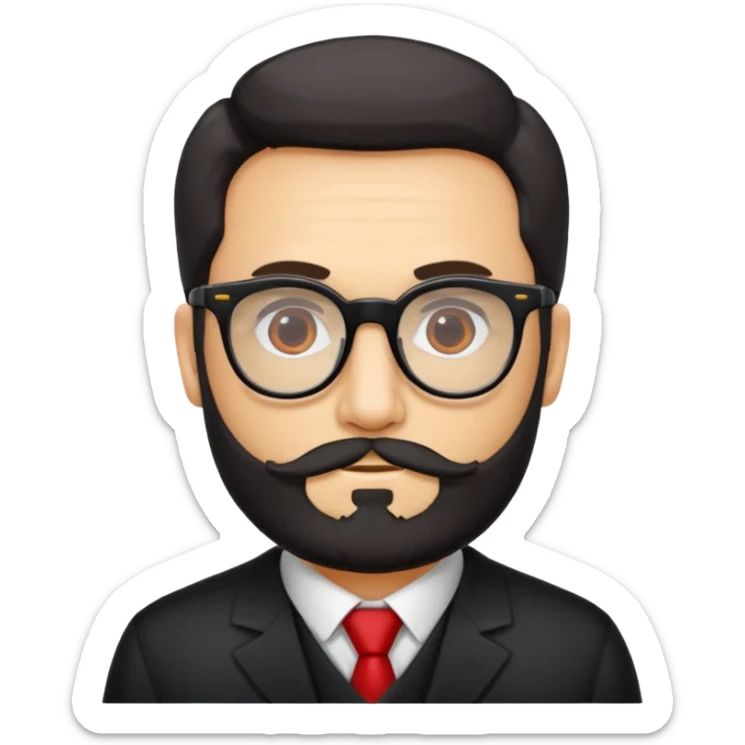 Un profesor calvo, que tenga barba abundante de color negro, lleva gafas con el cristal de color amarillo y un abrigo de cuadros rojo sticker