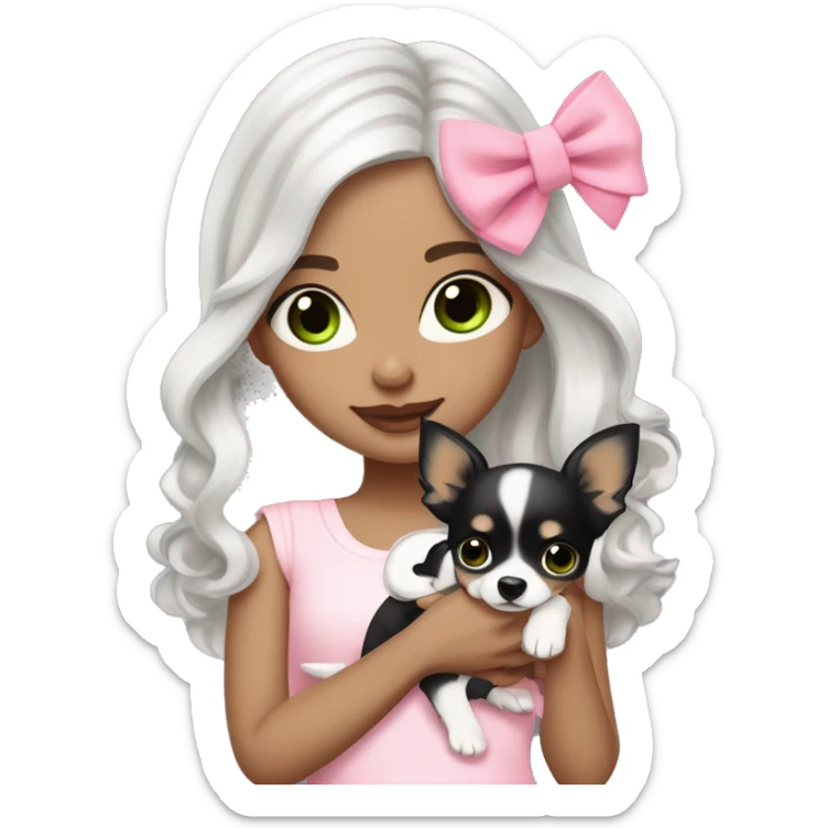 pale brunette ￼girl with short platinum Latina  wavy hair with bright green eyes and wearing a light pink hair bow holding a black and white long haired chihuahua puppy also wearing a hair bow sticker