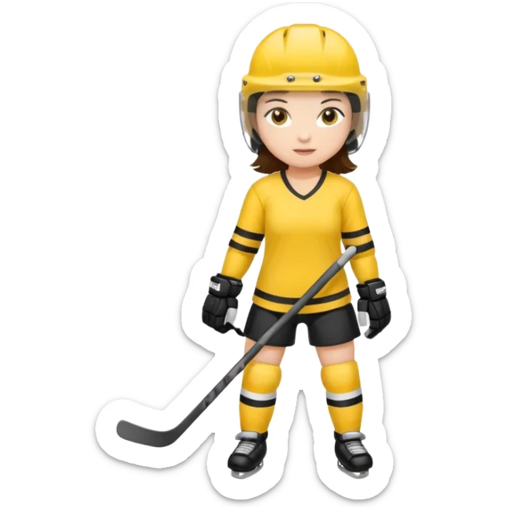 Girl hockey player with yellow jersey full body brunette with helmet sticker