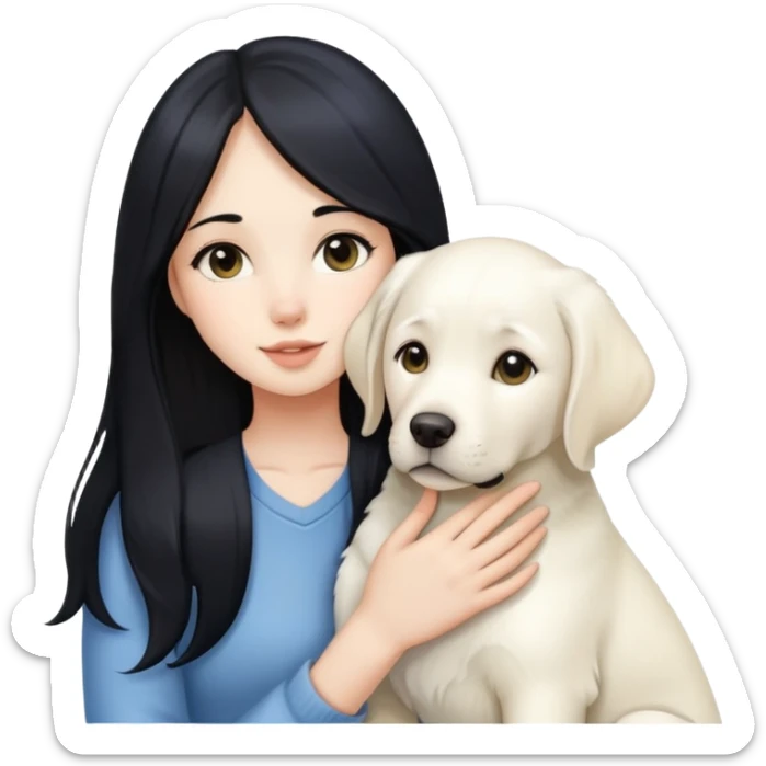 A beautiful girl with long black hair and fair skin is holding a white Labrador sticker
