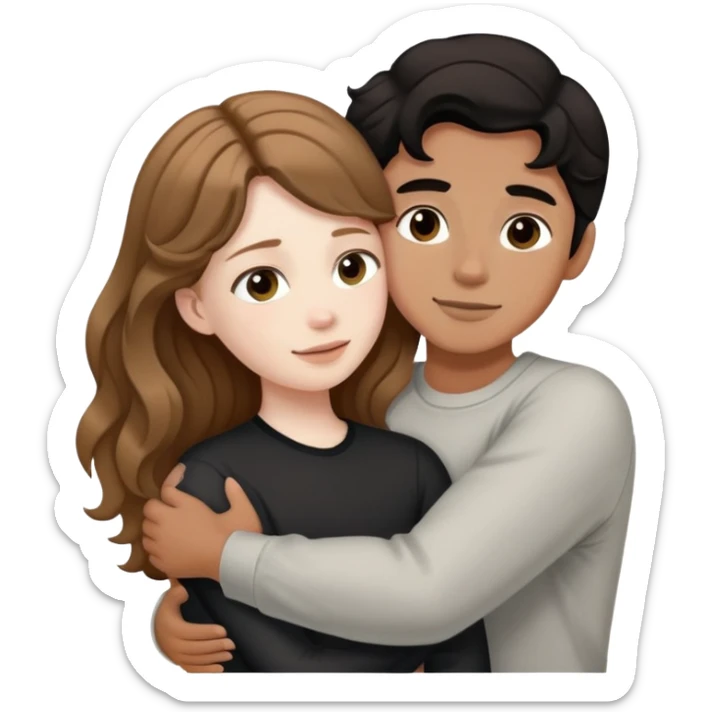 girl with long light brown hair and pale skin hugging a boy with short black wavy hair and tanned skin sticker