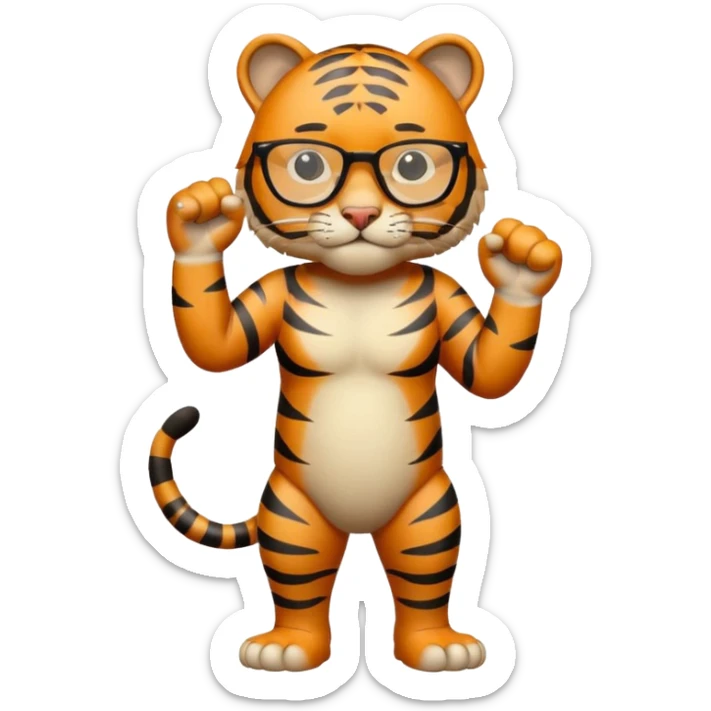 un tigre con gafas parado en dos patas con la mano en la derecha haciendo firme sticker