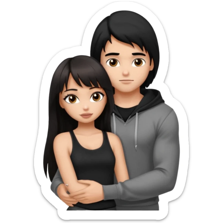 generate a pretty bratz girl in black cami top, dark brown straight long hair with bangs, eyeliner on, 

hugging a handsome muscular boy with black hair and a grey hoodie sticker