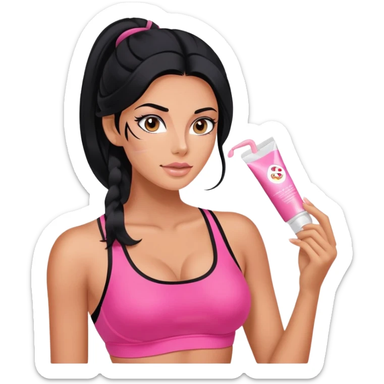beauty routine, spa, pink face cream, long black hair tanned woman, black sports bra, sexy, hot  sticker