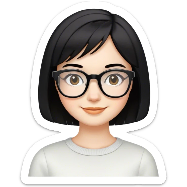 White skin girl, short bob cut hair, squared specs, black hair and brows, smiling  sticker