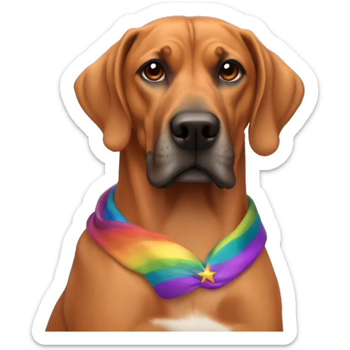 white man with long rainbow colored hair and twisted mustache next to a brown rhodesian ridgeback sticker