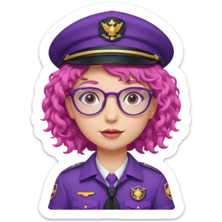 scout girl with pink curly hair and uniform and hat and glassess and purle uniform sticker